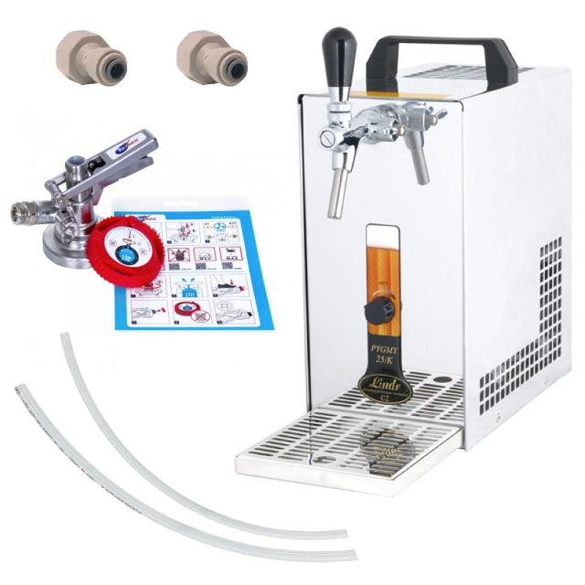 Lindr Pygmy, Krome-dispenseringssett for KeyKeg og PolyKeg – Startsett med en tappekran i rustfritt stål, Lindr-kranhåndtak, fatkobling, regulator, koblinger, slanger og bruksanvisning på hvit bakgrunn – perfekt som et øldispensersett for hjemmebruk med KeyKeg.