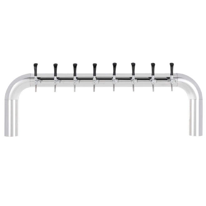 Lindr Cold Bridge U8 Tappetårn er et tappetårn i polert metall med åtte kraner med svarte håndtak plassert på rad. Det er ideelt for profesjonelle tappeanlegg og utstyrt med Cold Bridge-kjøling for å sikre optimal drikketemperatur.
