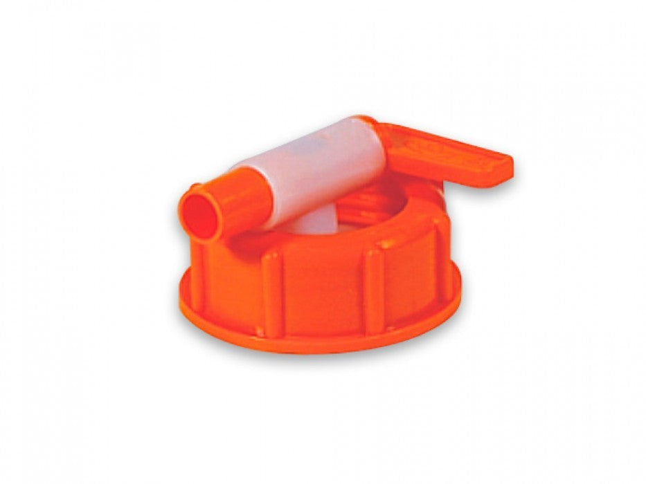 Speidel gjæringskar 30L med gjærlås og tappekran har en oransje plasttapp med hvit spak, ideell for enkel væskedispensering fra Speidel-gjæringskaret ditt.