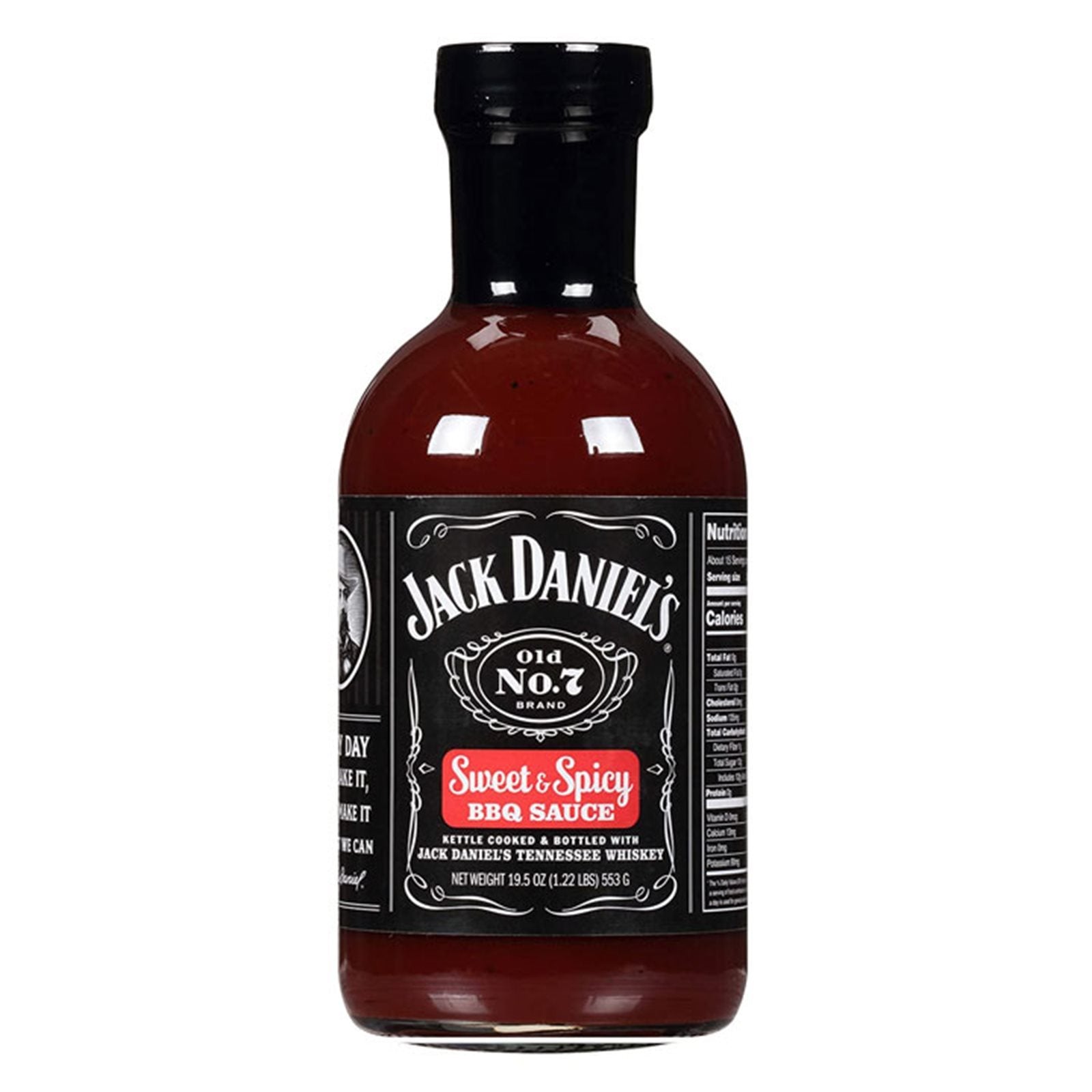 En 473 ml flaske Jack Daniel's BBQ Sweet & Spicy saus, laget med ekte Tennessee-whiskey, med svart hette og detaljert etikett.