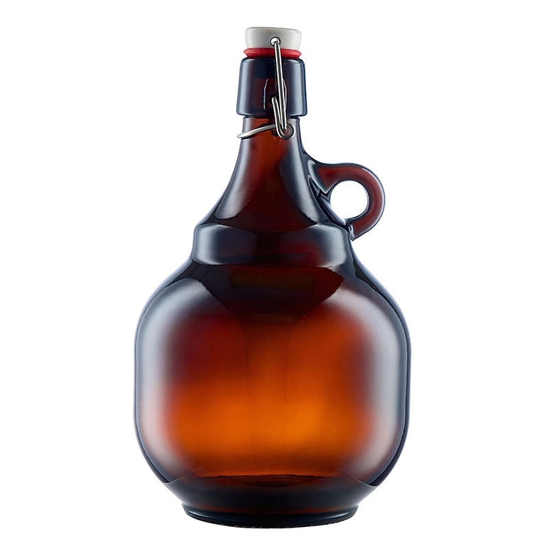 Systempack Palla Growler 2 liter med patentkork er en ravfarget glasskanne med svingbart topplokk og sidehåndtak, som vises mot en vanlig hvit bakgrunn.
