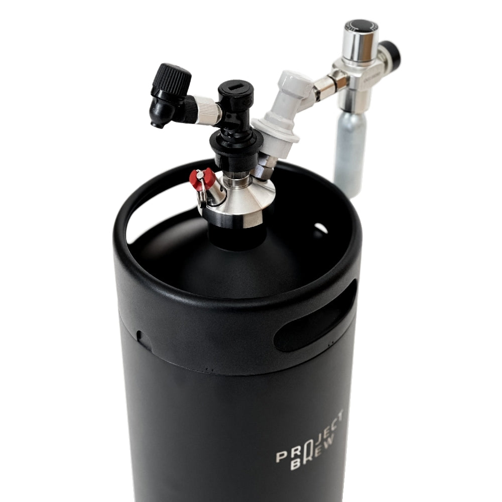 Project Brew 5L Mini Keg med Picnic Tap 2.1, et svart metallfat med påmonterte ventiler, kran og CO2-regulator for piknik fra Project Brew, holder håndverksølet ditt friskt og klart til å skjenke.