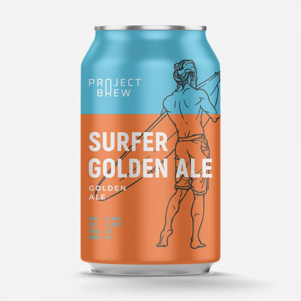 En boks med Project Brew Surfer Golden Ale - allgrain ølsett, med en surfer med et surfebrett og livlige blå og oransje farger inspirert av ånden i Big Wave Golden Ale.