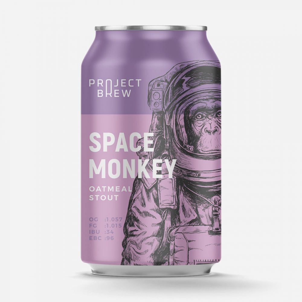 En lilla boks fra Project Brew merket Space Monkey - Oatmeal Stout - allgrain ølsett, med en ape i romdrakt - ideell for fans av havregrynstout og hjemmebrygging.