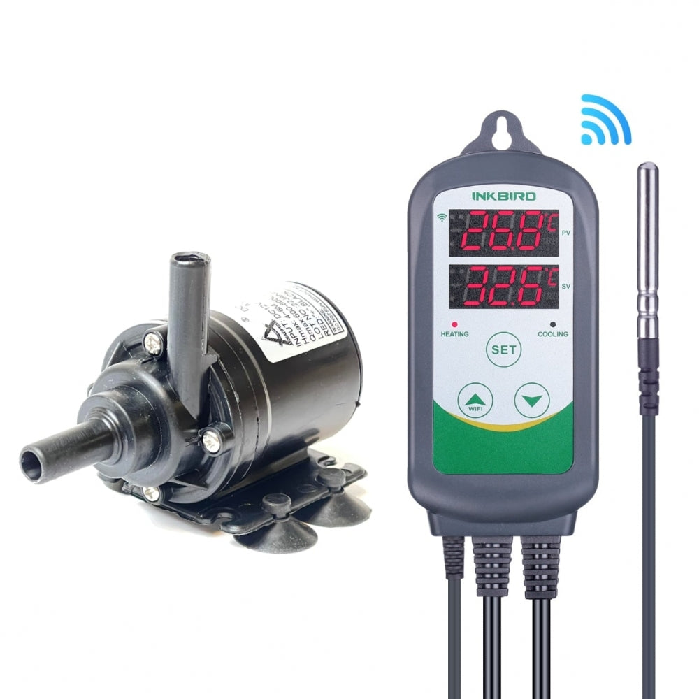 Project Brew Temp Control Pump Kit inneholder en kompakt vannpumpe og en digital temperaturregulator med sonde og display - perfekt for kontroll av gjæringstemperaturen eller til bruk med en glykolkjøler.