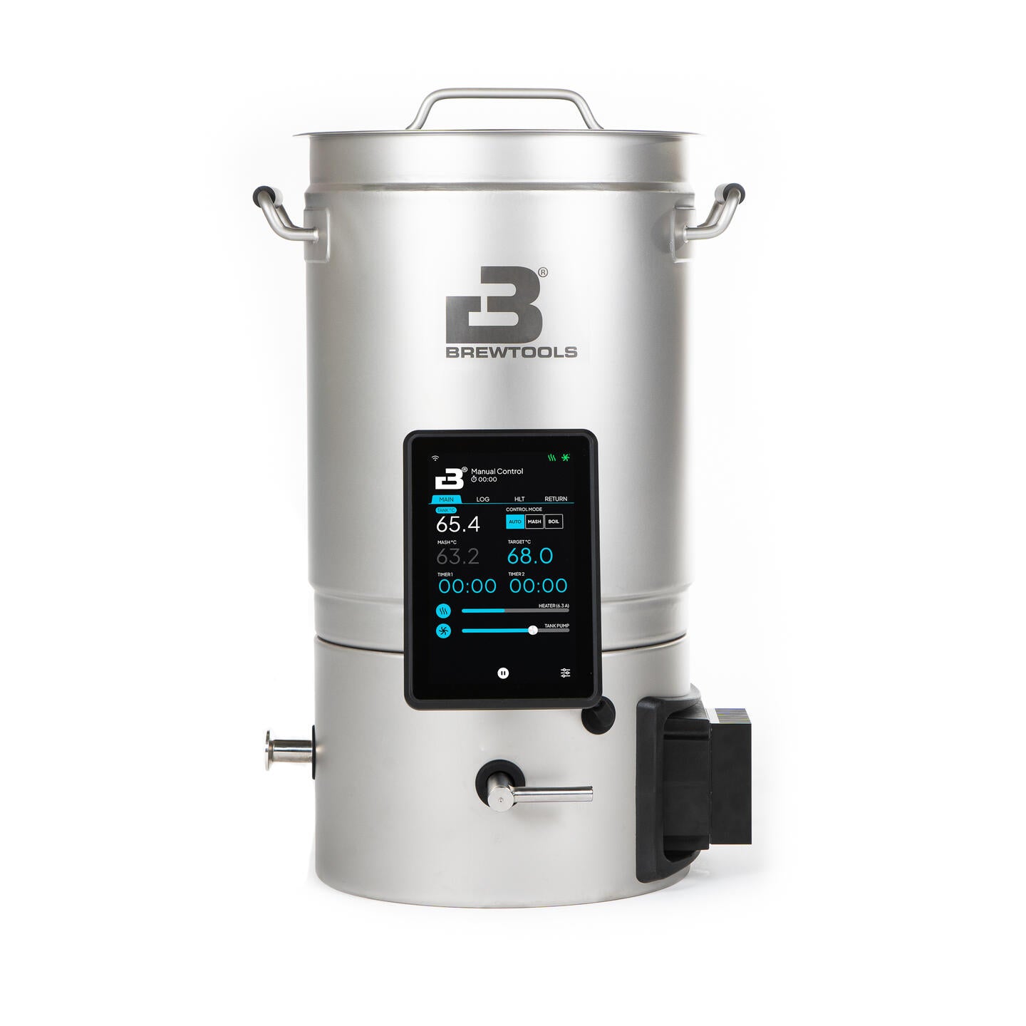 Brewtools B25 bryggesystem 230 V 2 kW | Bryggemaskin har konstruksjon i rustfritt stål, digitalt kontrollpanel med temperatur- og tidsinnstilling, håndtak på toppen og en tappekran i bunnen – ideelt for presis hjemmebrygging.