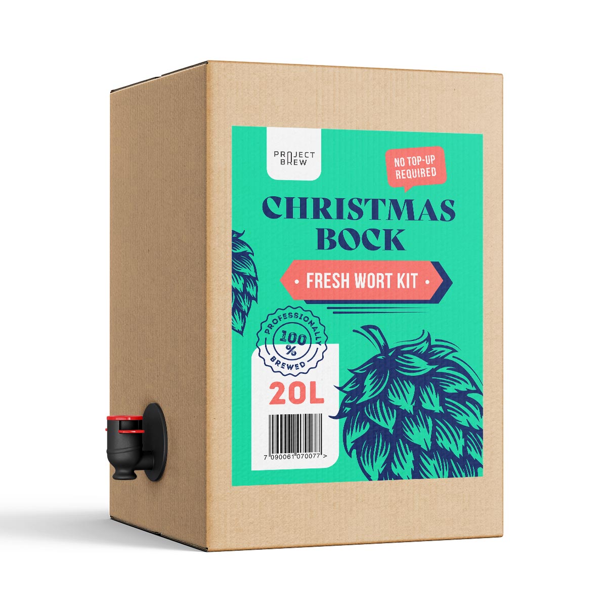 Christmas Bock - 20L Fresh Wort Kit leveres i en pappeske med humlegrafikk, bockøl-merkevare, en tappekran på siden og en etikett med 20 liters volum.