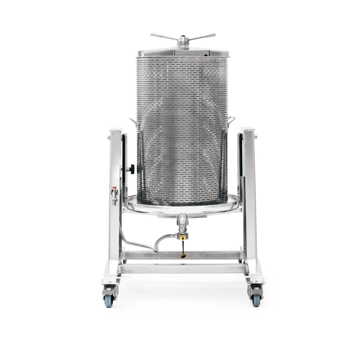 Enobeer Hydropress 250L - Fruktpresse fra Enobeer, Italia, med sylindrisk kurv, håndsveiv på toppen, tut nederst og robust ramme med hjul for enkel transport.
