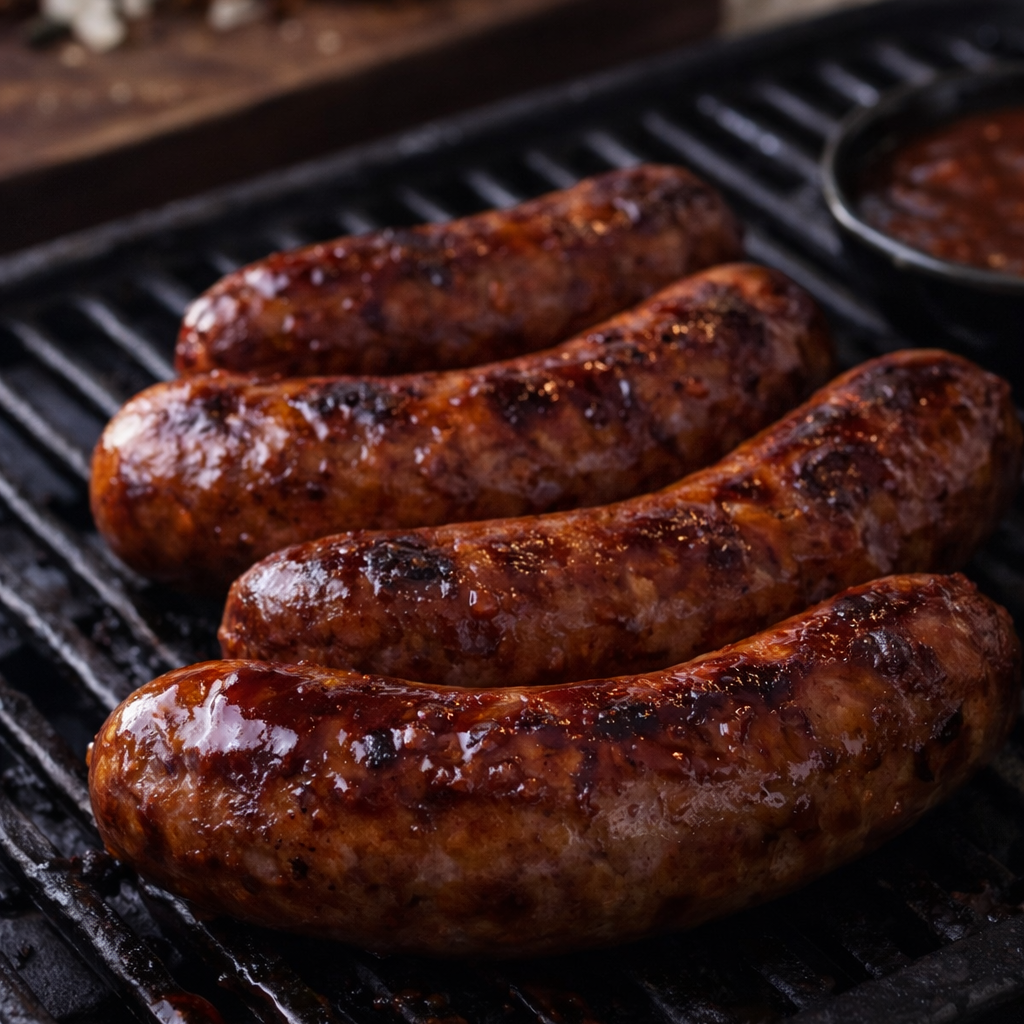 Fire smakfulle Memphis BBQ Links Pølse - 0,6kg (Trondheim Slaktehus) grillet på grill med perfekte kullmerker, servert med en liten tallerken saus i bakgrunnen.