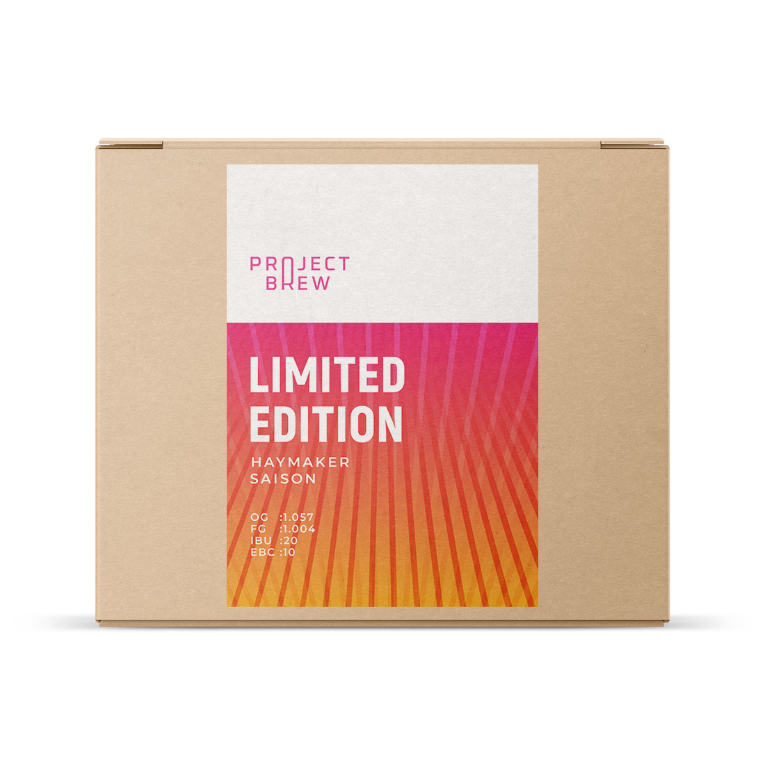Firkantet pappeske til et Haymaker Saison – Limited Edition allgrain-ølsett, med en etikett der ølnavnet og de tekniske bryggespesifikasjonene står oppført.