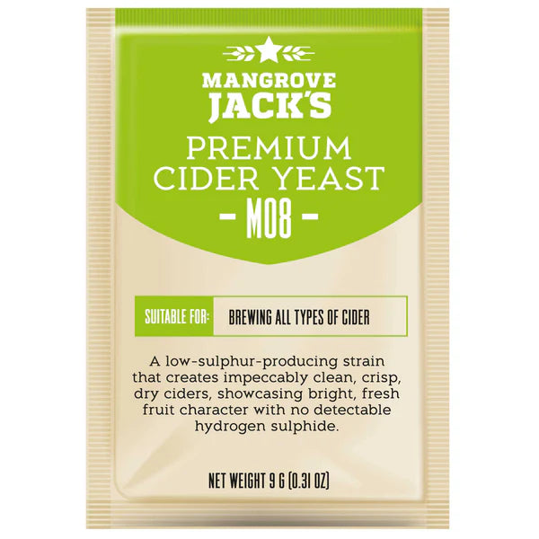 Mangrove Jack's Premium Cider Yeast M08, 9 g pakke, ideell for brygging av tørr cider med lav svovelproduksjon og en ren, sprø finish i alle ciderstiler.