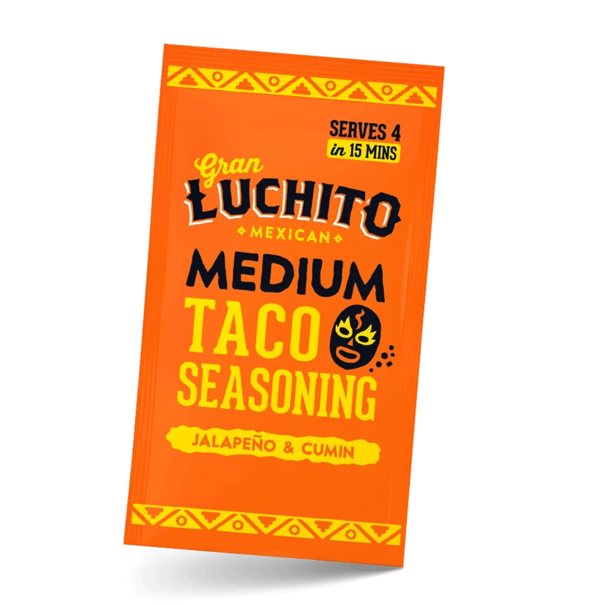 Gran Luchito Medium Taco Seasoning 28g byr på autentiske meksikanske smaker av jalapeño og spisskummen. Serverer 4 på 15 minutter. Oransje emballasje med gul og svart tekst - ekte meksikansk tacokrydder!.
