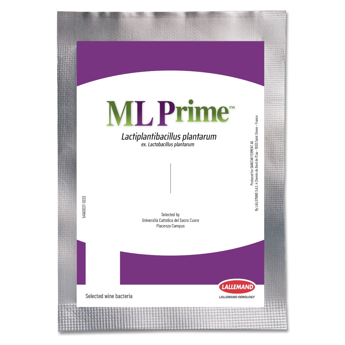 En sølvfarget pakke merket ML Prime 25g / 2,5hl - Lallemand inneholder Lactiplantibacillus plantarum, en utvalgt vinbakterie som er ideell for malolaktisk fermentering i rødvinsproduksjon.