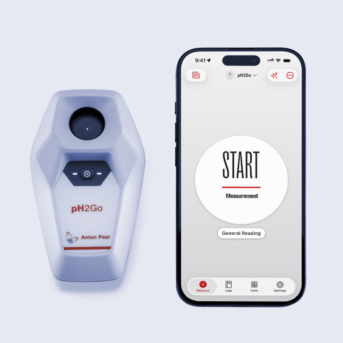 En pH2Go Digital pH-måler – Anton Paar – vises ved siden av en smarttelefon med en app for digital pH-måling og en stor «START Measurement»-knapp for raske og enkle pH-målinger.