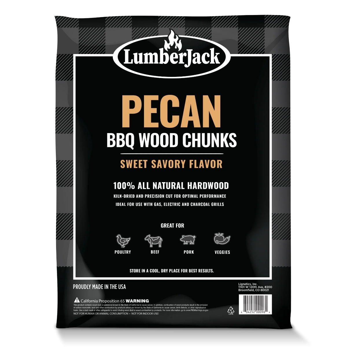 LumberJack Pecan BBQ Wood Chunks gir en søt, smakfull smak for røyksmak-grilling; ovntørket og helt naturlig, de er ideelle for fjærfe, storfekjøtt, svinekjøtt eller grønnsaker - perfekt for å forbedre grillen din med førsteklasses løvtre.