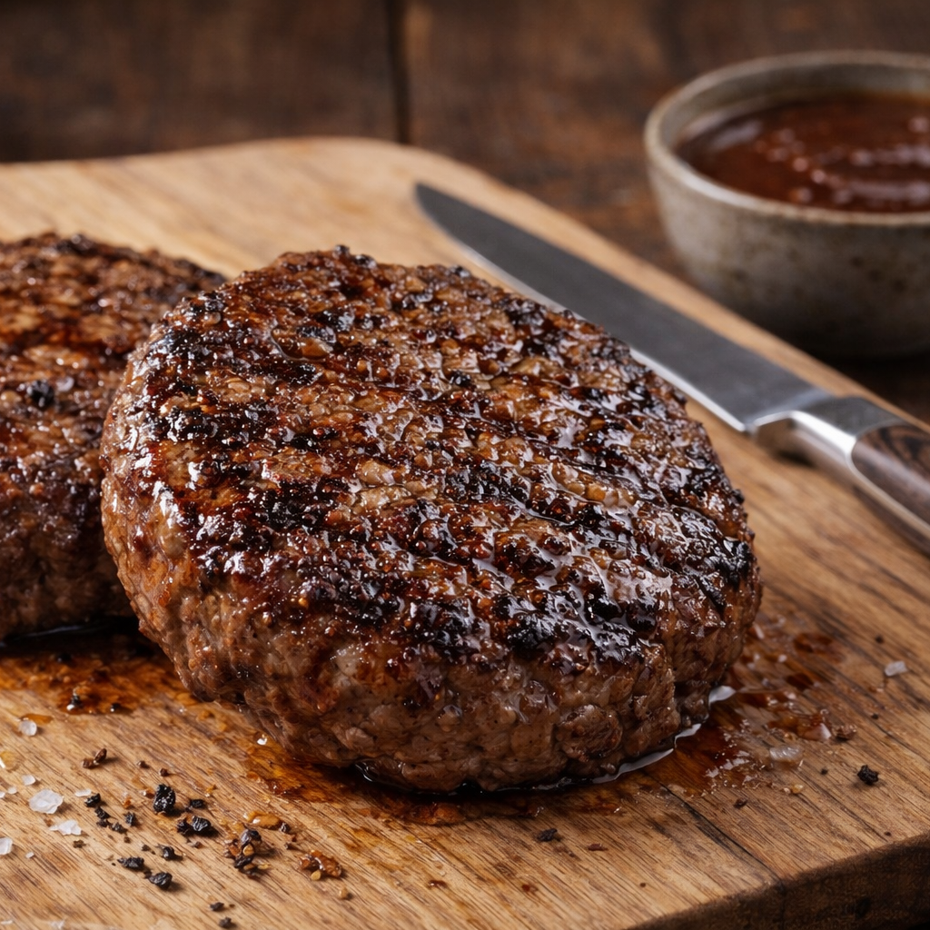 To grillede Dry Aged Burger 160g-biffer fra Trondheim Slaktehus ligger på et trebrett ved siden av en biffkniv, med en skål med saus i bakgrunnen.
