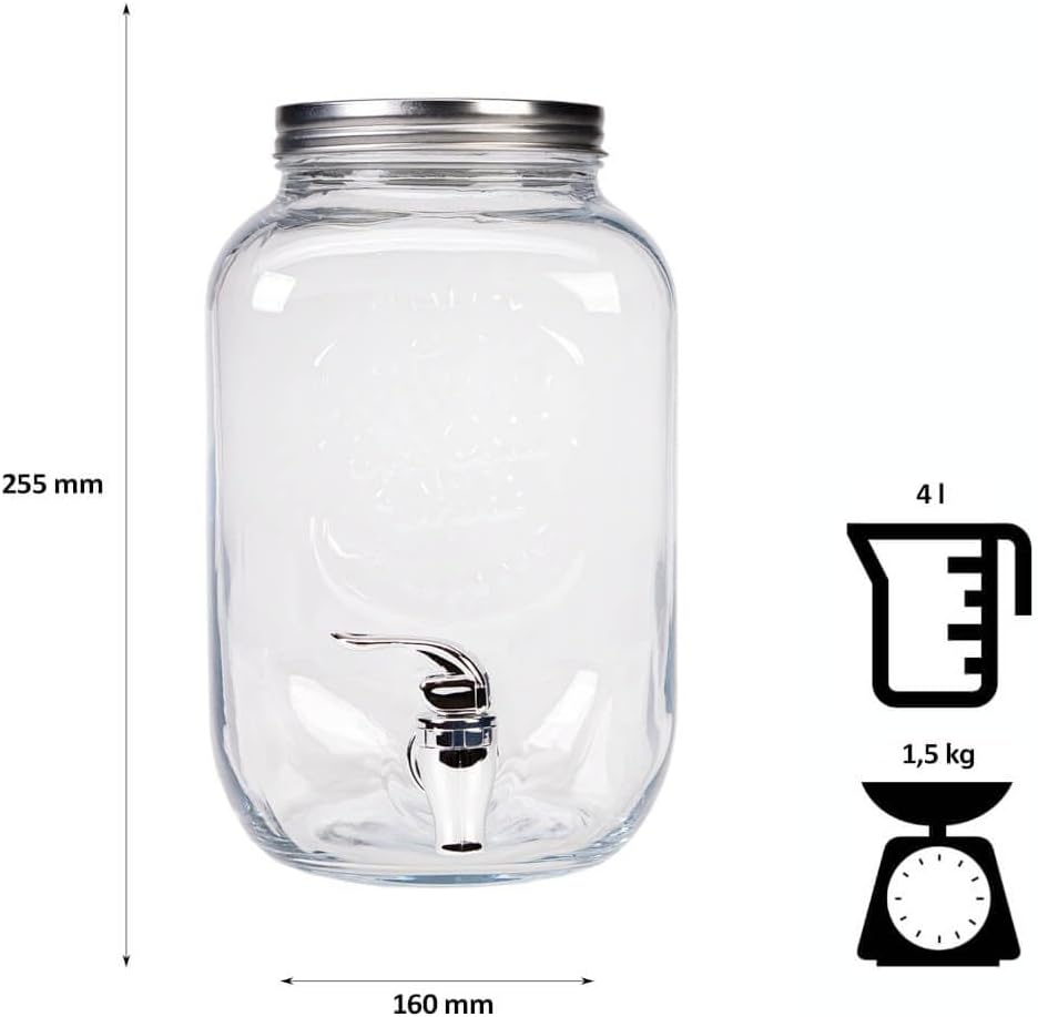 Kombucha Bryggesett 4L - Kontinuerlig Fermentering er en klar glassdispenser med metallokk og tappehane, rommer 4 liter, veier 1,5 kg og måler 255×160 mm - perfekt til brygging av kombucha hjemme.