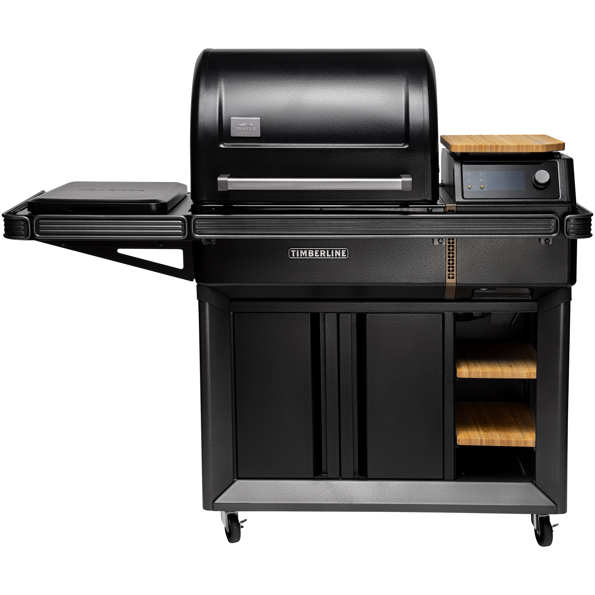 Traeger Timberline L pelletsgrill fra Traeger er en svart grill på hjul som er ideell for utendørs matlaging.