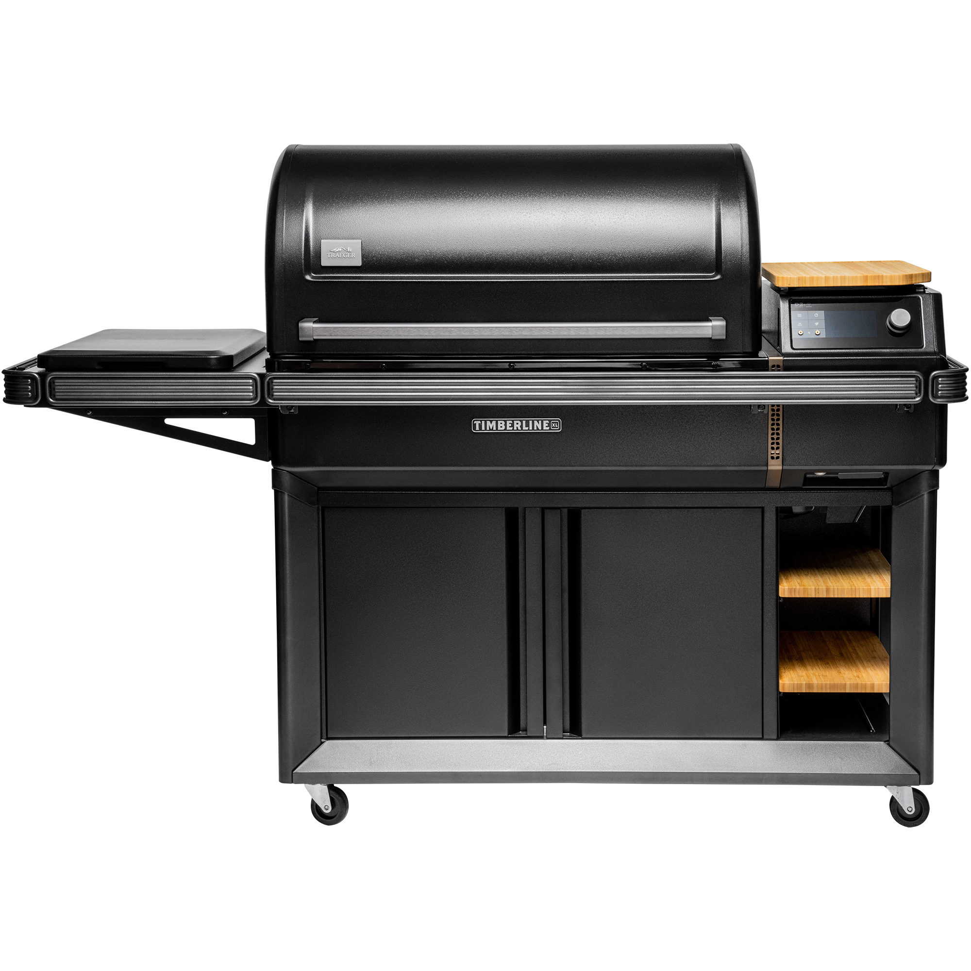 Traeger Timberline XL pelletsgrill er en stor, svart utegrill med sidehylle, digitalt kontrollpanel, oppbevaringsskap, trehyller og hjul for enkel forflytning.