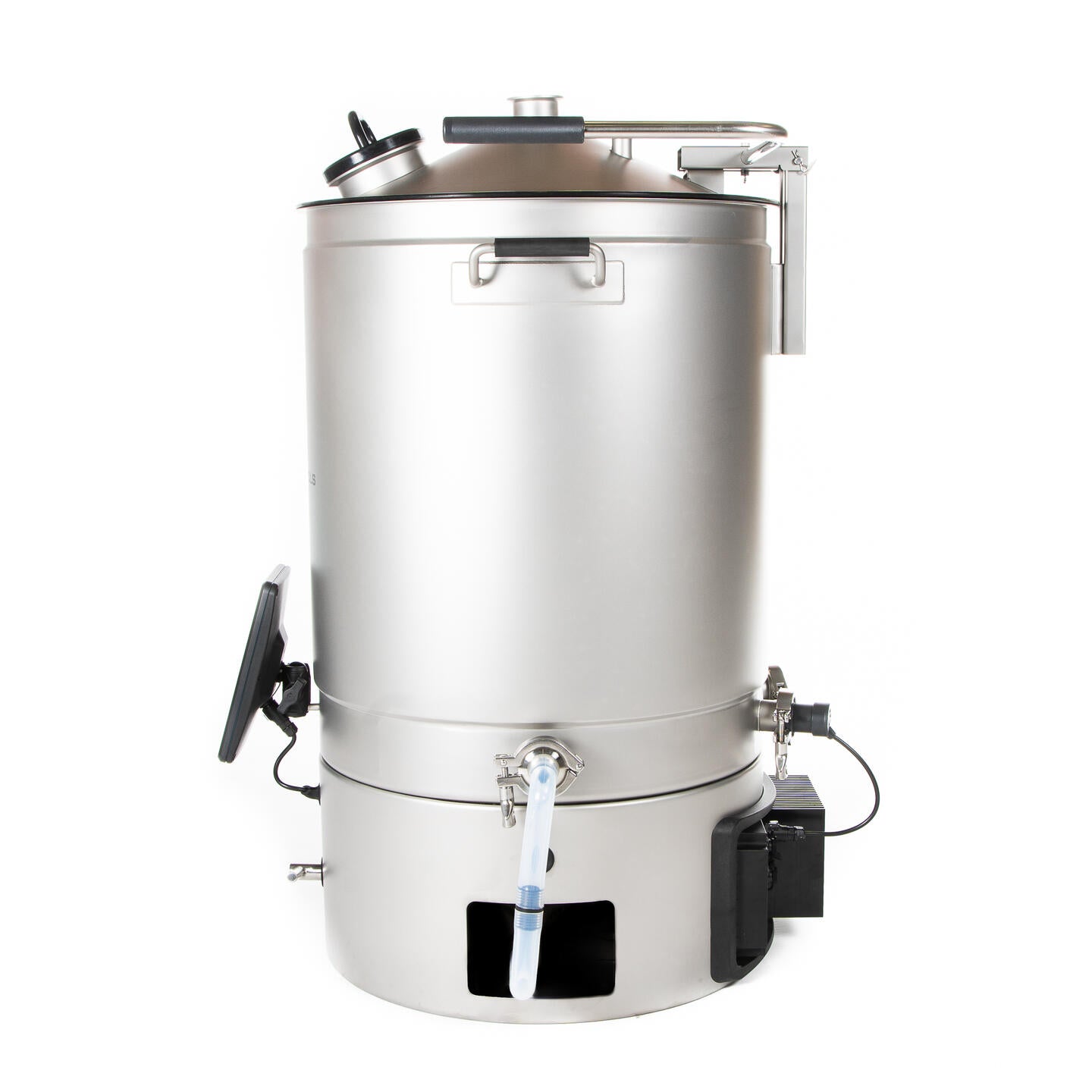 Et Brewtools B100-bryggesystem, 2x230 V, 6 kW | Bryggemaskin, 100 liter i rustfritt stål med lokk, tappekran, digitalt kontrollpanel og slanger, er avbildet mot en hvit bakgrunn.