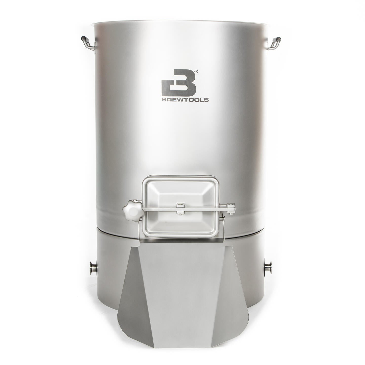Brewtools B180 Mesketank, en stor bryggekjele i rustfritt stål med håndtak, frontluke og tut – ideell for bruk som ekstern mesketank i et 2-kjele-system – vises på en hvit bakgrunn.