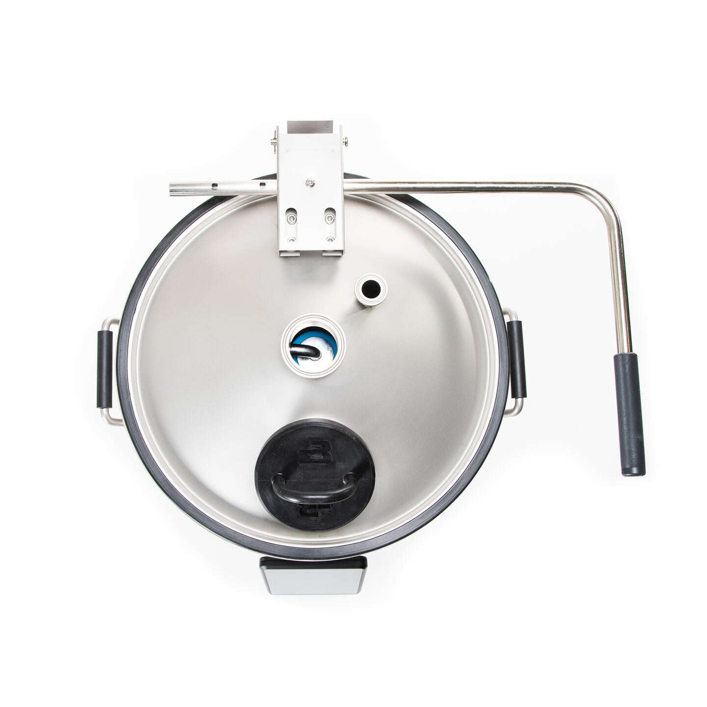 Oversiktsbilde av Brewtools B50 bryggesystem 230 V, 3,3 kW | Bryggemaskin, med beholder i rustfritt stål, låsbart lokk, håndtak i svart og metall, sentralventil og påmontert tut på hvit bakgrunn.