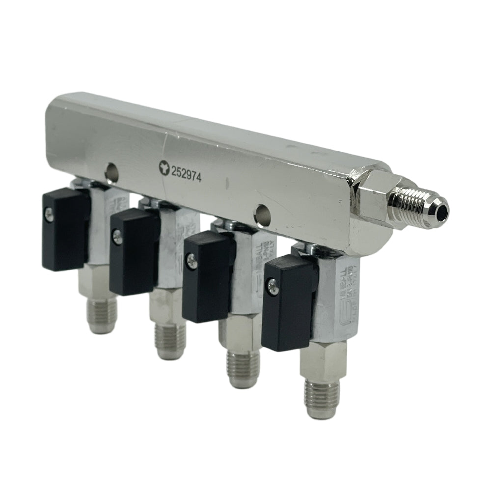 Oxyturbo CO2 Manifold med fire utganger, 1/4" MFL og tilbakeslagsventil