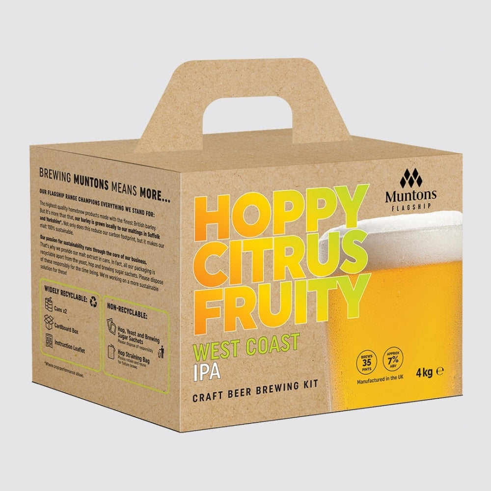 Pappeske med Muntons Flagship West Coast IPA 4kg ekstraktsett, med bilde av ølglass og resirkuleringsinfo på siden, merket Hoppy Citrus Fruity.