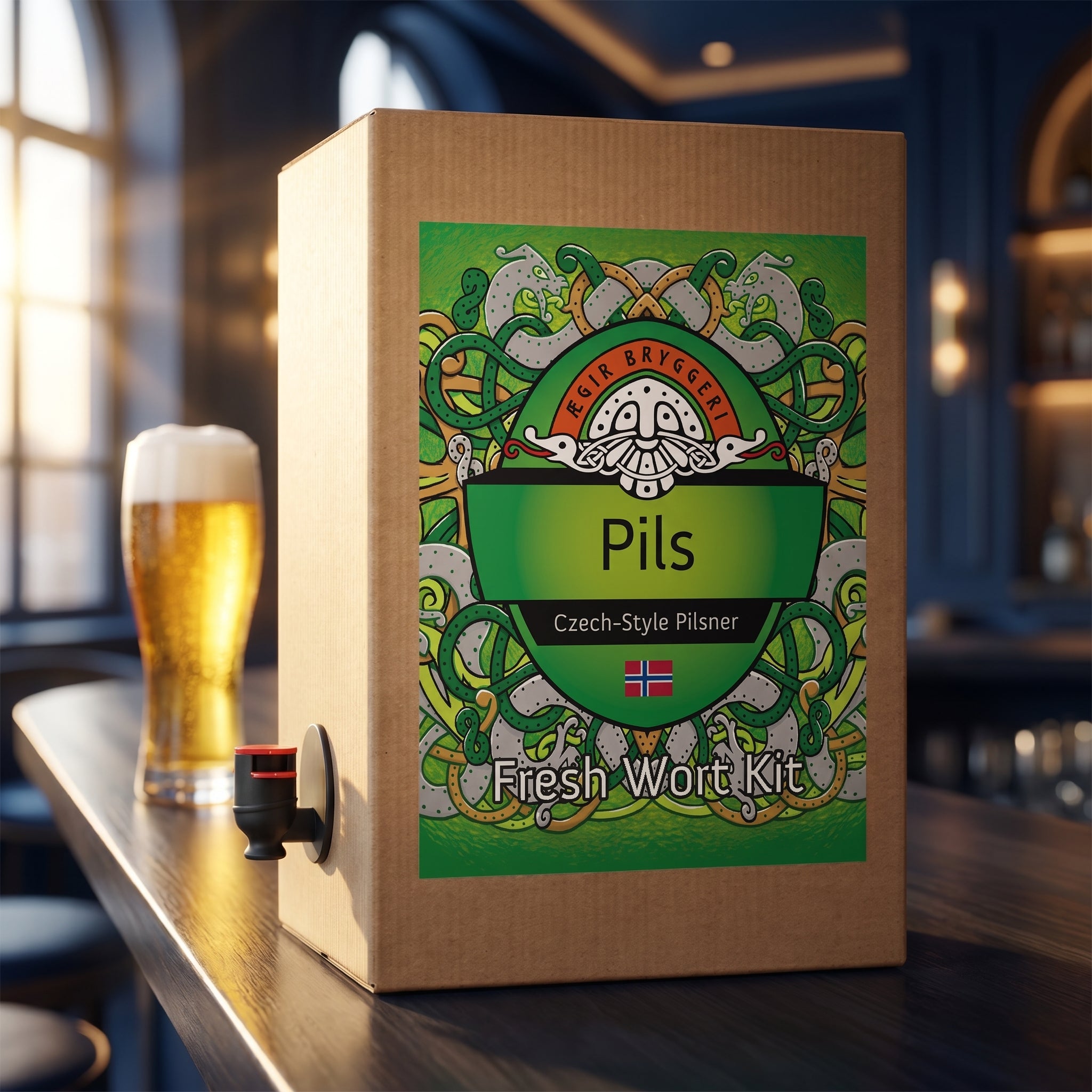 En eske med «Ægir Pils – 20L Fresh Wort Kit» står på en bar ved siden av et fylt ølglass i en svakt opplyst pub, og viser den klassiske sjarmen til tsjekkisk pilsner.