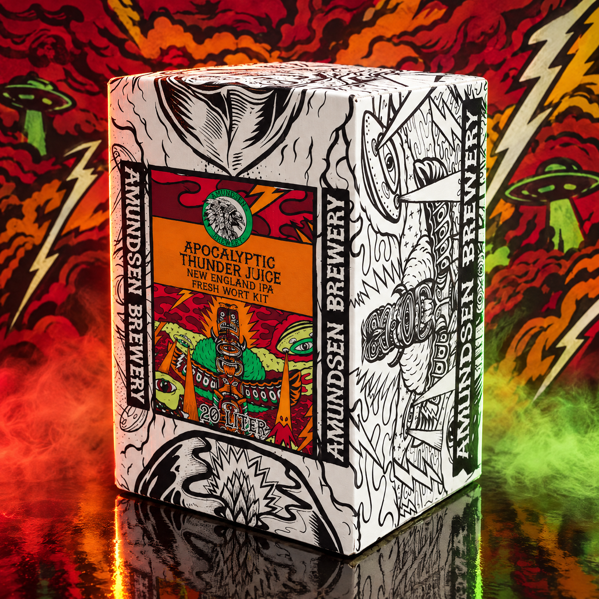Amundsen Apocalyptic Thunder Juice - Hazy IPA - 20L Fresh Wort Kit foran en bakgrunn i etikettens stil med røde og oransje skyer, lyn og grønne UFO-er