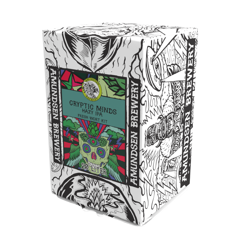 Amundsen Cryptic Minds Hazy IPA – 20L fersk urtsett leveres i en hvit eske prydet med fargerik og svart-hvit abstrakt kunst, noe som gjør dette settet like visuelt slående som det er velsmakende.
