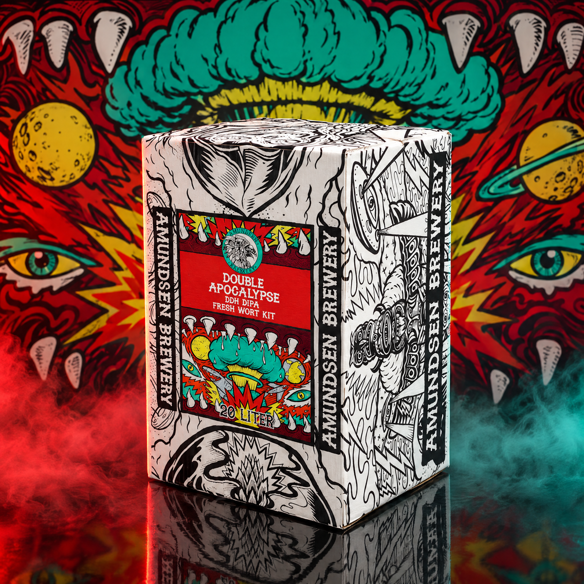 Amundsen Double Apocalypse - Double IPA - 20L Fresh Wort Kit foran en bakgrunn i etikettens stil med turkis atomsopp, gule planeter og hoggtenner