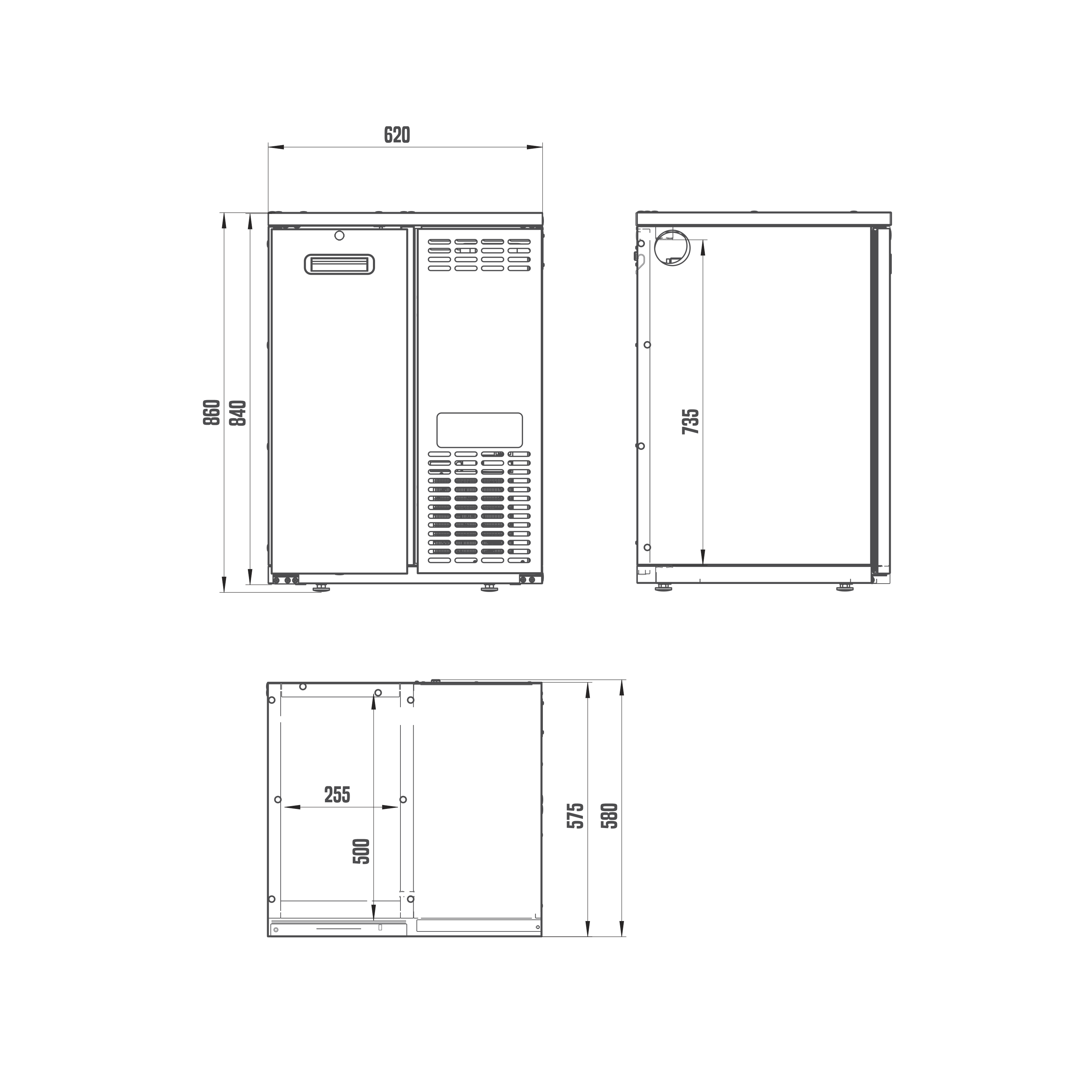 Teknisk tegning av LINDR DFK-2 Fatkjøler (bestillingsvare), et rektangulært apparat vist fra front, side og ovenfra, med følgende mål: 620 mm bredde, 690 mm høyde, 590 mm dybde og et innvendig rom på 255 mm. Denne profesjonelle kjøleløsningen er ideell for effektiv oppbevaring av ølfat.