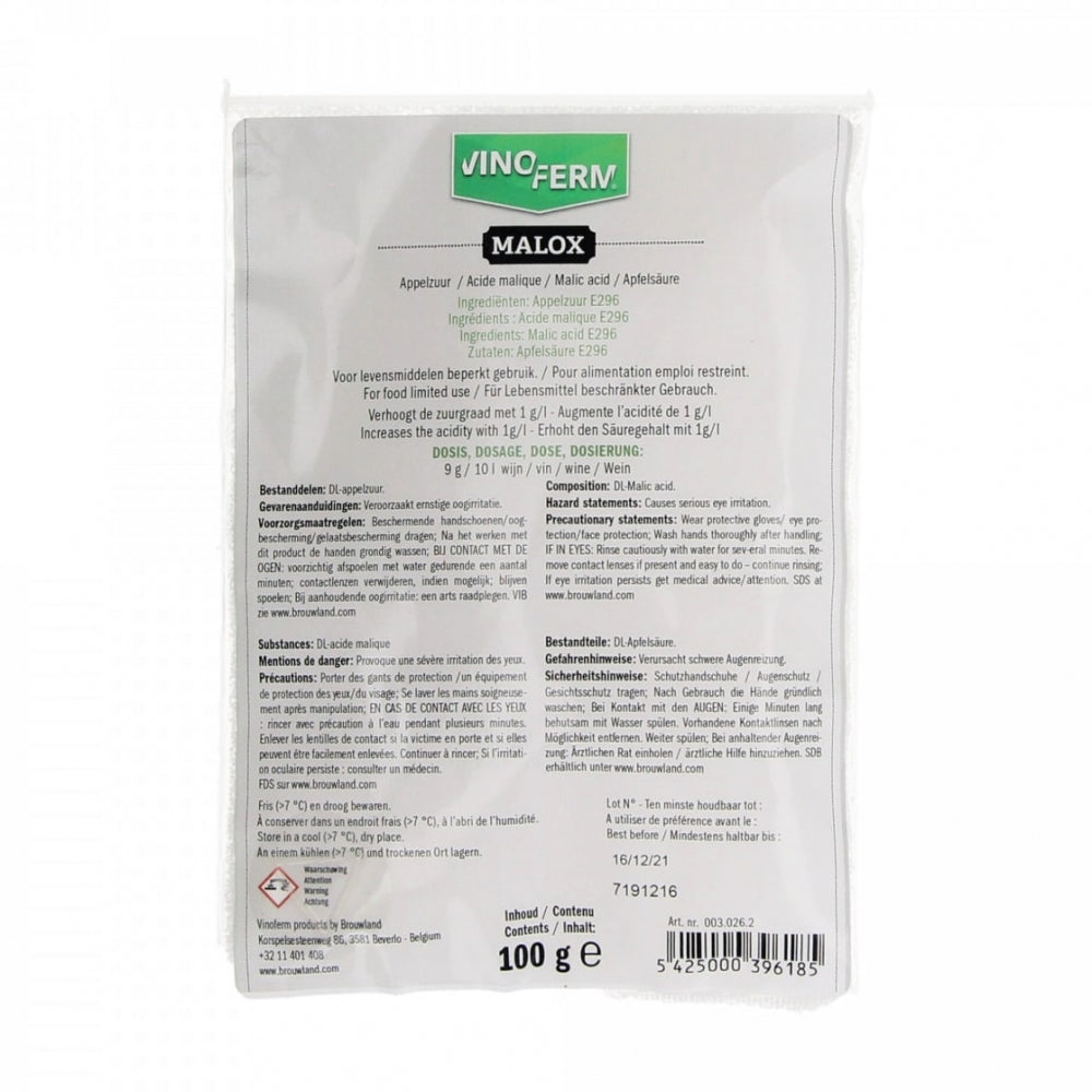 Vinoferm Malox - Malic Acid 100g (Eplesyre). (Best før mai 2025)