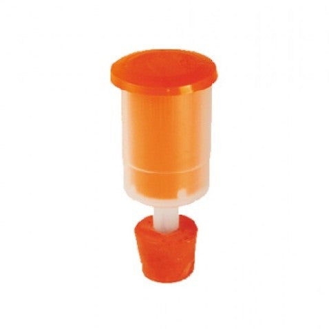 En oransje og hvit flasketoppdispenser i plast med tut, designet for å passe til Speidel gjæringskar 30L med gjærlås og tappekran fra Speidel for kontrollert skjenking.