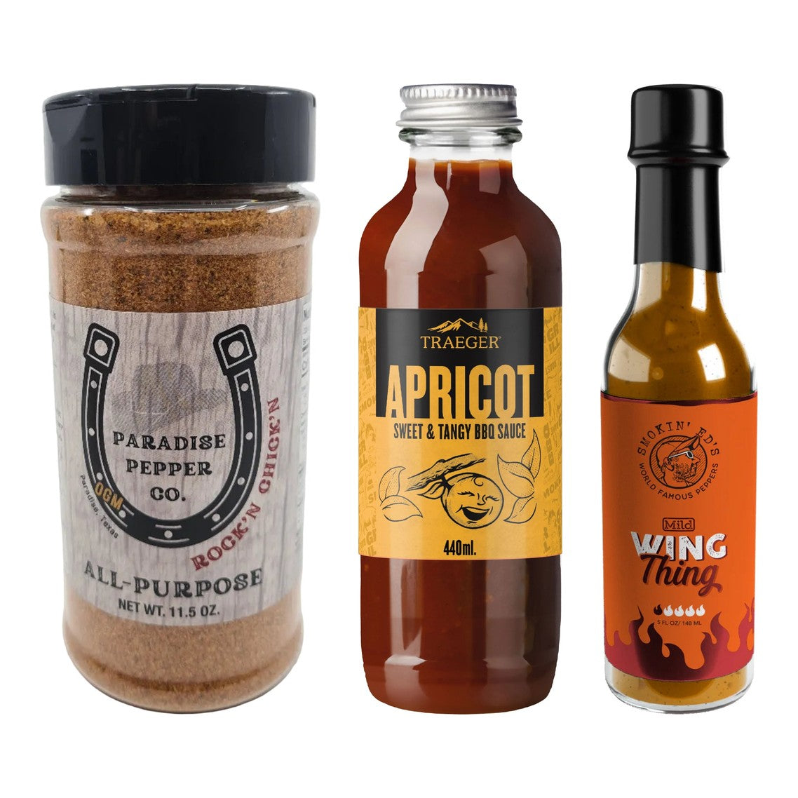 BBQ Bundle Chicken – Paradise Pepper Co Rock'n Chicken, Traeger Apricot BBQ Sauce and Smokin´ Ed´s Wing Thing Sauce Mild