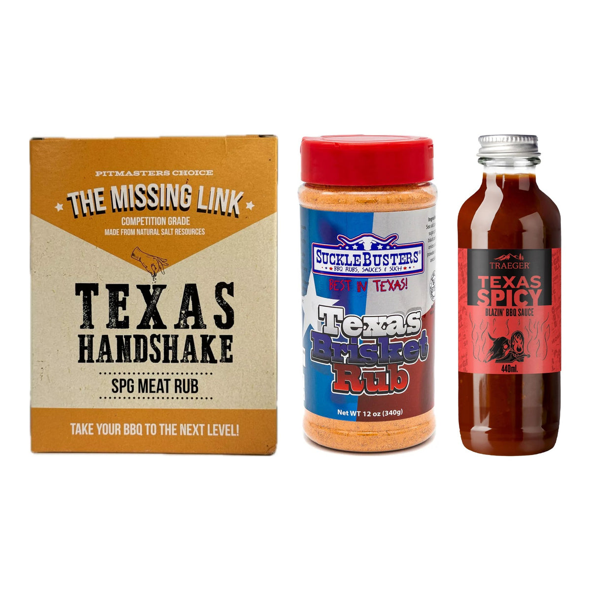 BBQ Bundle Texas Brisket – The Missing Link Texas Handshake SPG Rub, Sucklebusters Texas Brisket Rub and Traeger Texas Spicy BBQ Sauce