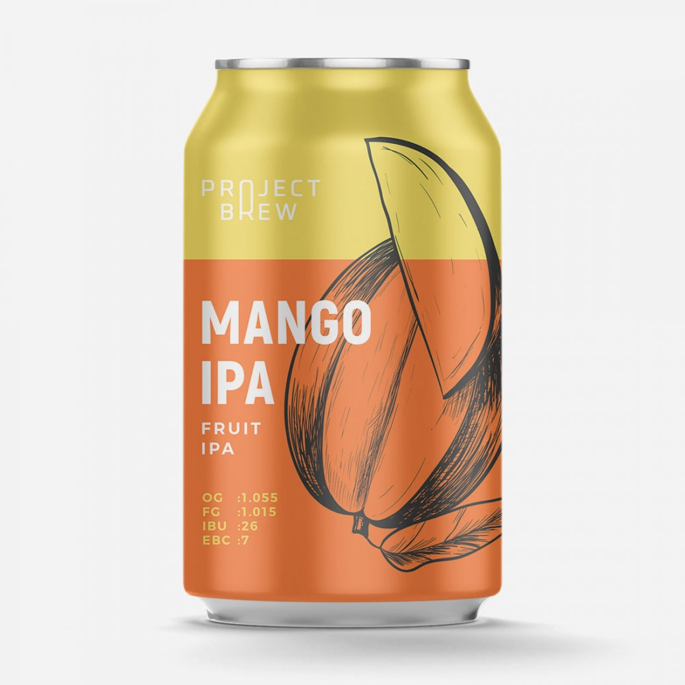 En boks med Project Brew Mango IPA - allgrain ølsett har en gul-oransje etikett med illustrasjoner og detaljer av svarte mangoskiver - perfekt for hjemmebrygging av en fruktig IPA.