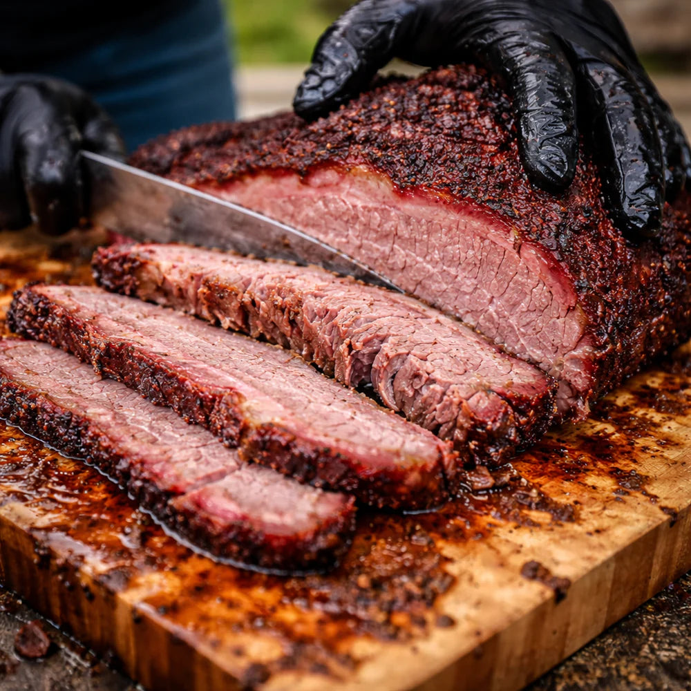 En person med svarte hansker skjærer opp Storfe Brisket (240 kr/kg) på et trebrett, og avslører saftig, mørt biff med en mørk, krydret skorpe – et ekte mesterverk innen «low & slow»-grilling.