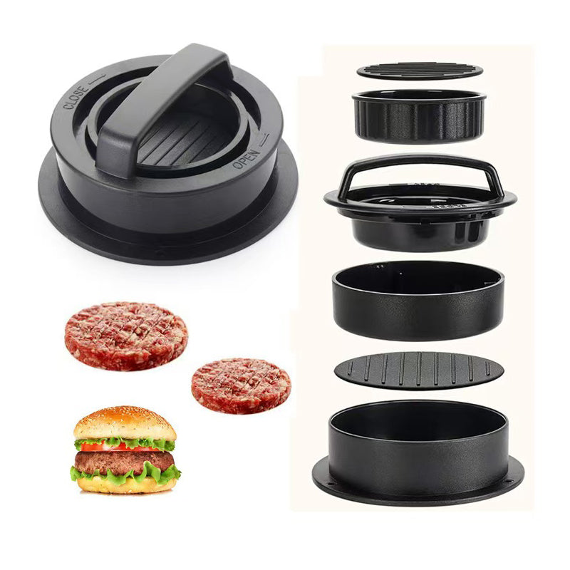 Hamburgerpressen med non-stick-belegg – Hamburgerpresse – vises både samlet og i deler, med to rå kjøttkaker og en ferdig burger ved siden av. Takket være non-stick-belegget kan du lage perfekte burgere hver gang.