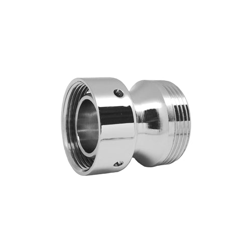 Tap Adapter Lindr - Overgang fra europeiske til amerikanske gjenger er en forkrommet rørkobling i metall med gjenger og to små sidehull, perfekt som adapter for tappekraner, og vises på en hvit bakgrunn.