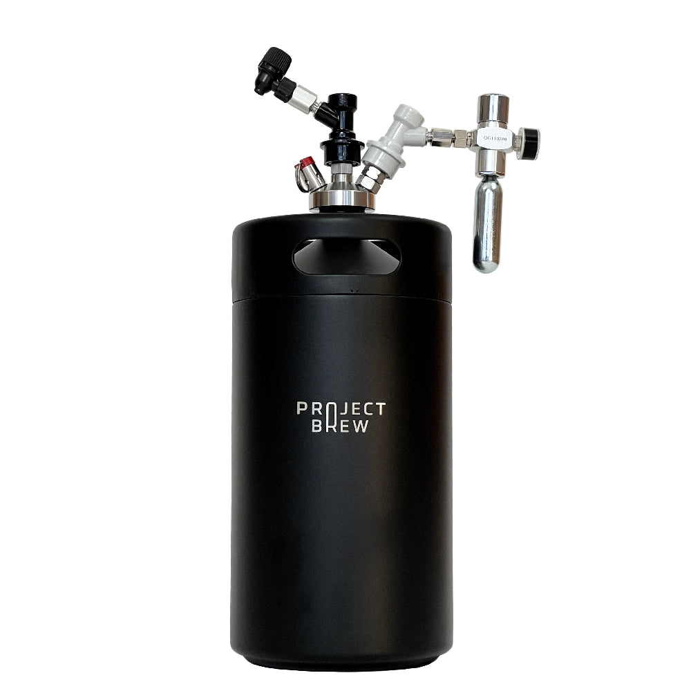 Project Brew 5L Mini Keg med Picnic Tap 2.1 har et svart metalldesign med påmonterte ventiler og en CO2-regulator for piknik, perfekt for servering av håndverksøl, vist på en vanlig hvit bakgrunn.