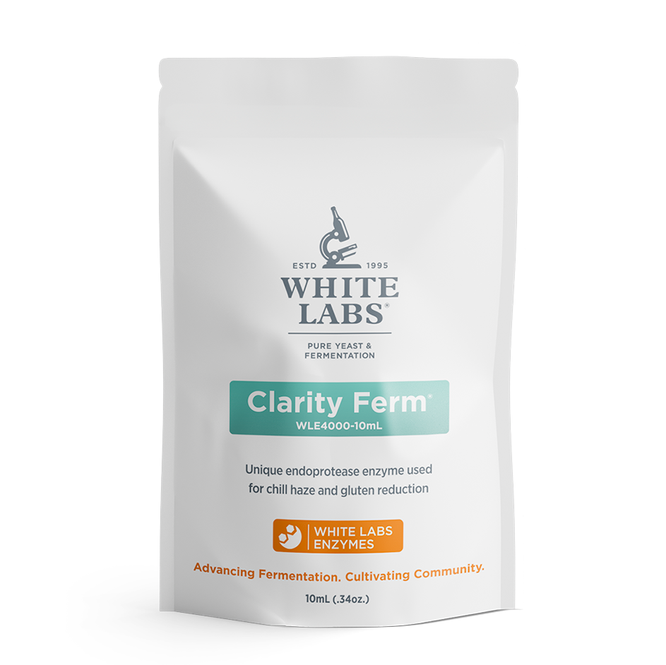 En hvit pose merket WLE4000 Clarity Ferm - flytende klarningsmiddel 10ml, ideell for å redusere kjøletåke og brygge glutenfritt øl.