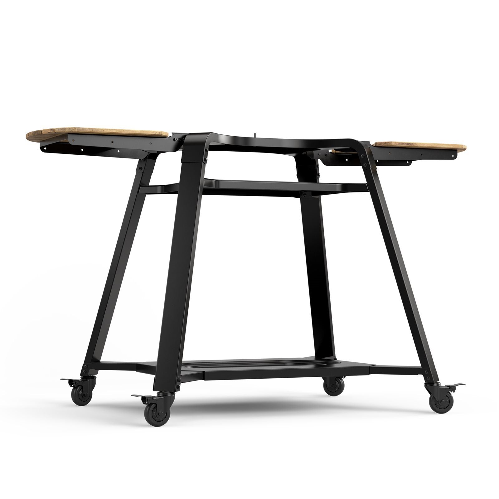 Gozney Stativ til Dome Gen 2 er en svart verktøyvogn i metall med fire hjul, en nedre hylle og to sidepaneler i tre - ideell som stativ for pizzaovn eller stativ. Vist på hvit bakgrunn.