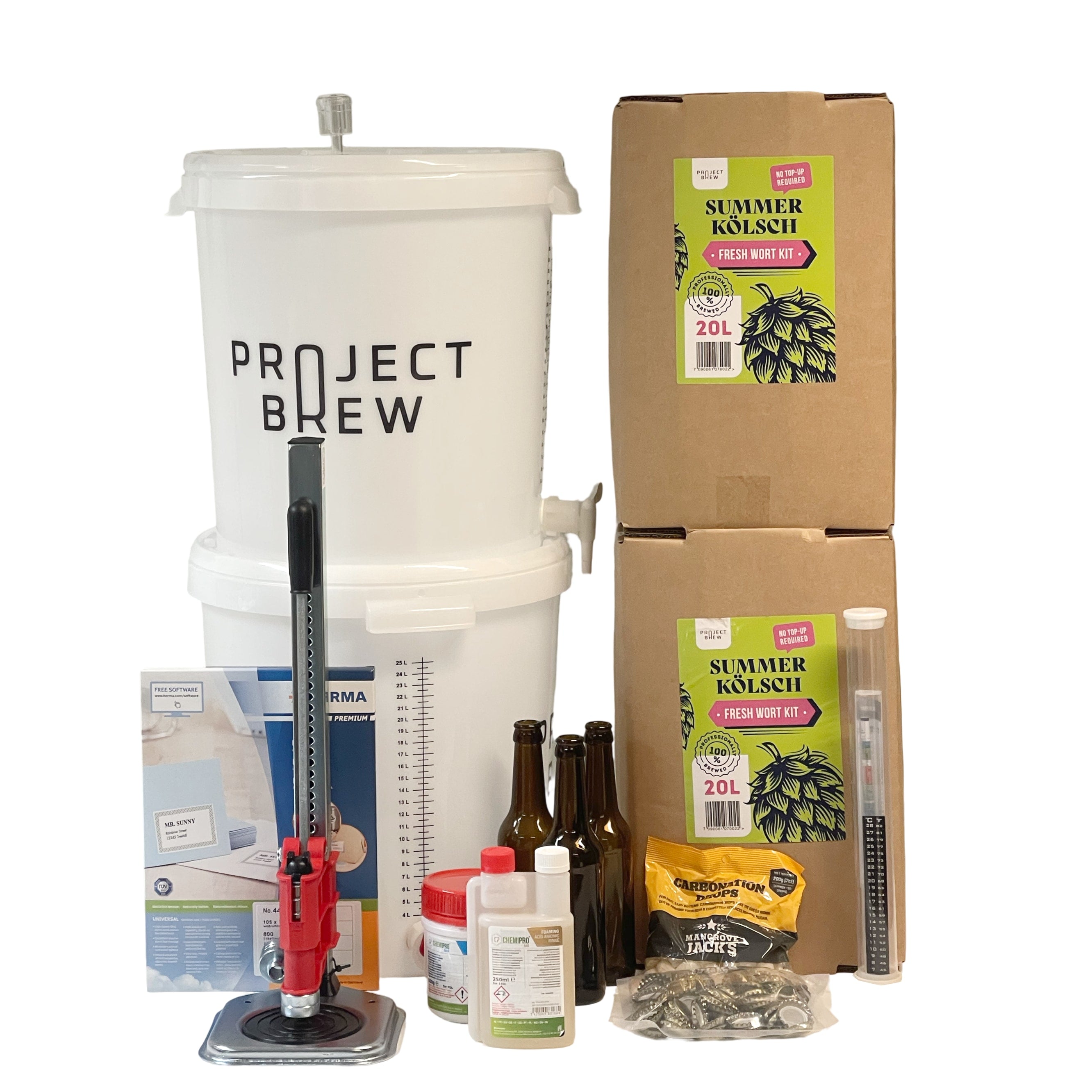 Fresh Wort Festpakke: 40L Summer Kölsch inneholder alt du trenger for å brygge øl - gjæringsbøtter, flasker, kapsler, ingredienser, korker, etiketter, desinfeksjonsmiddel, hydrometer og instruksjoner - perfekt for å lage din egen Summer Kölsch.