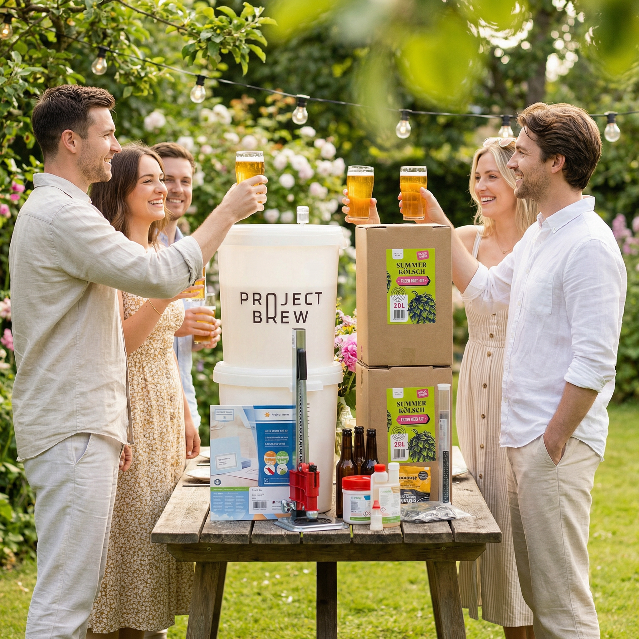 Fem personer står rundt et bord med Fresh Wort Festpakke: 40L Summer Kölsch, smiler og hever glassene med øl i en utendørs hagestue.
