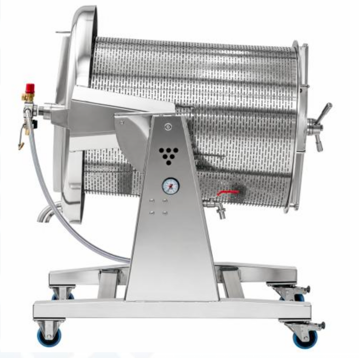 Enobeer Hydropress 250L – profesjonell hydropress i rustfritt stål på hjul, utstyrt med en horisontal perforert trommel og et manometer.