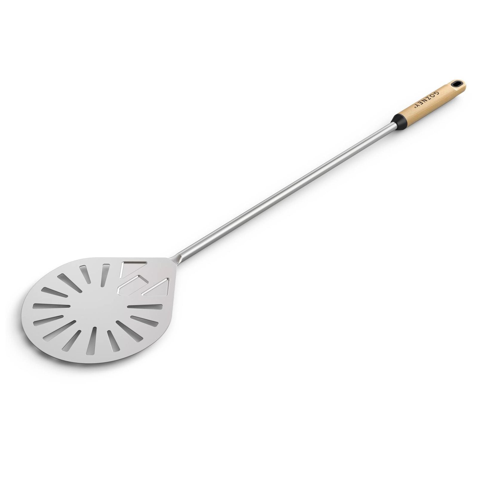Gozney Balance Turning Peel har et langt trehåndtak og en spaltet spade i rustfritt stål, designet for profesjonell håndtering av pizzaer i ovnen.