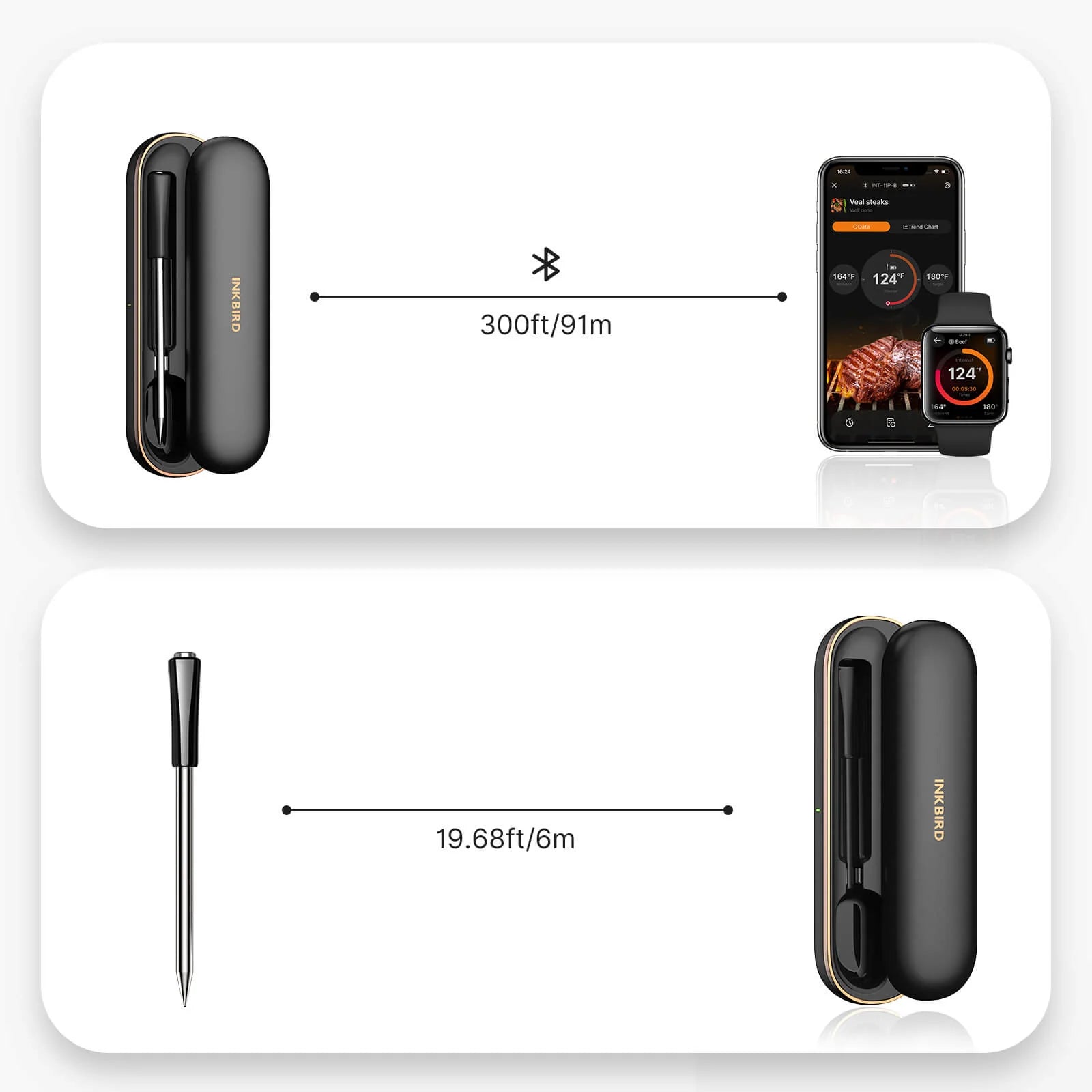 Inkbird INT-11P-B Bluetooth Steketermometer kobles til telefon/klokke via Bluetooth opptil 300ft/91m. Proben kobles til etuiet opptil 19,68ft/6m. Bildene viser steketermometer og enheter-et flott alternativ til MEATER.