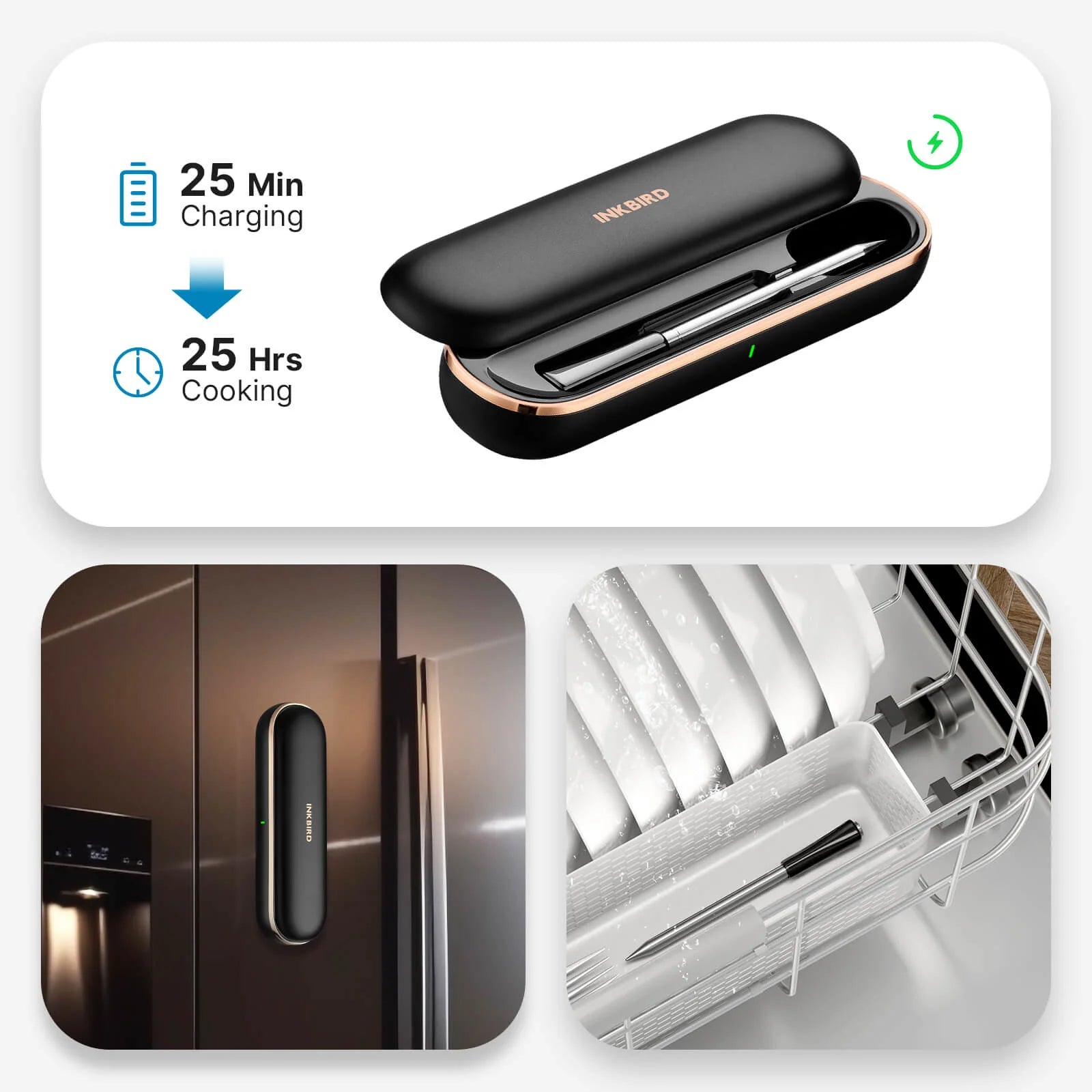 Det svarte Bluetooth-steketermometeret Inkbird INT-11P-B i pennestørrelse i ladeetui vises på et kjøleskap og i en oppvaskmaskin; i teksten står det 25 min lading for 25 timers bruk.